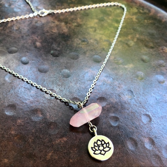 Lotus with Mauve Quartz Crystal Necklace - Picture 2 of 3